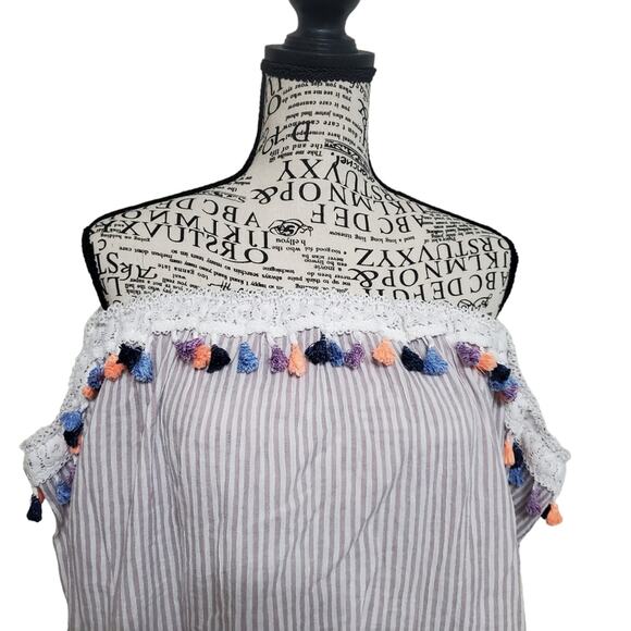 Listicle Top Tassle Fringe Off The Shoulder Brown White Stripe Relaxed Fit Large - Picture 5 of 9